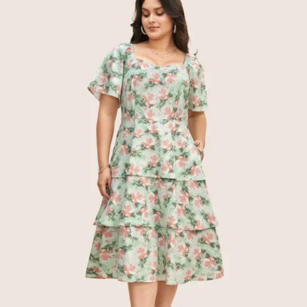 BloomChic Mint Green Floral Tiered Midi Dress - Size 1X